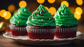 ai generiert köstlich Cupcakes mit Sahne auf das Tabelle foto