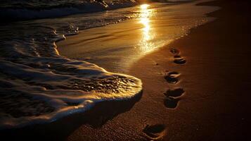 ai generiert Nahansicht von das Strand mit Mondlicht leuchten das Sand und das Fußabdrücke von ein Paar, Valentinsgrüße Tag Schwingungen, Hintergrund Bild, generativ ai foto