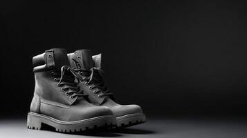 ai generiert grau Kampf Stiefel isoliert auf eben Weiß Hintergrund mit Kopieren Raum zum Werbung. generativ ai foto