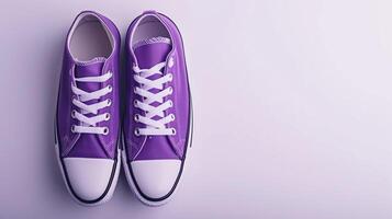 ai generiert lila Segeltuch Schuhe isoliert auf eben Weiß Hintergrund mit Kopieren Raum zum Werbung. generativ ai foto