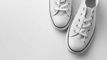 ai generiert Silber Segeltuch Schuhe isoliert auf eben Weiß Hintergrund mit Kopieren Raum zum Werbung. generativ ai foto