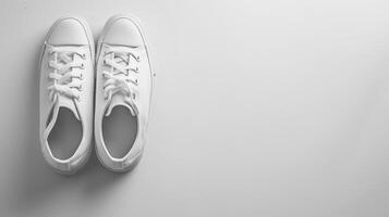 ai generiert Weiß Segeltuch Schuhe isoliert auf eben Weiß Hintergrund mit Kopieren Raum zum Werbung. generativ ai foto