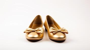 ai generiert Gold Ballett Wohnungen Schuhe isoliert auf Weiß Hintergrund mit Kopieren Raum zum Werbung. generativ ai foto