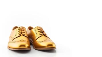 ai generiert Gold Brogues Schuhe isoliert auf Weiß Hintergrund mit Kopieren Raum zum Werbung foto