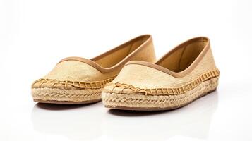 ai generiert Gold Espadrilles Schuhe isoliert auf Weiß Hintergrund mit Kopieren Raum zum Werbung. generativ ai foto