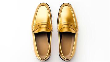 ai generiert Gold Slipper Schuhe isoliert auf Weiß Hintergrund mit Kopieren Raum zum Werbung. generativ ai foto
