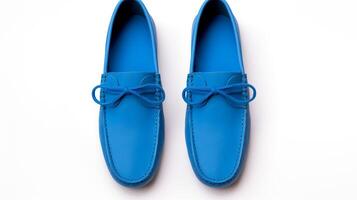 ai generiert Blau Mokassins Schuhe isoliert auf Weiß Hintergrund mit Kopieren Raum zum Werbung. generativ ai foto