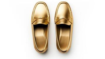 ai generiert Gold Mokassins Schuhe isoliert auf Weiß Hintergrund mit Kopieren Raum zum Werbung. generativ ai foto