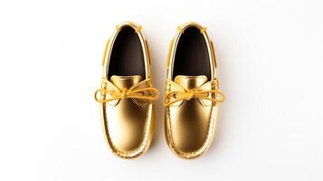 ai generiert Gold Mokassins Schuhe isoliert auf Weiß Hintergrund mit Kopieren Raum zum Werbung. generativ ai foto