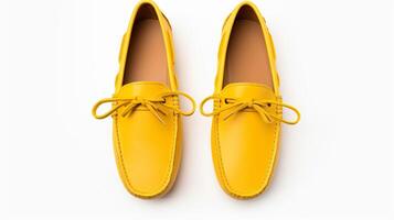 ai generiert Gelb Mokassins Schuhe isoliert auf Weiß Hintergrund mit Kopieren Raum zum Werbung. generativ ai foto