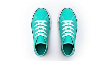 ai generiert cyan Turnschuhe Schuhe isoliert auf Weiß Hintergrund mit Kopieren Raum zum Werbung. generativ ai foto