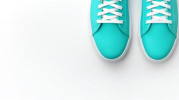 ai generiert cyan Turnschuhe Schuhe isoliert auf Weiß Hintergrund mit Kopieren Raum zum Werbung. generativ ai foto