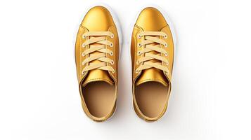 ai generiert Gold Turnschuhe Schuhe isoliert auf Weiß Hintergrund mit Kopieren Raum zum Werbung. generativ ai foto