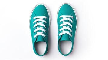 ai generiert blaugrün Turnschuhe Schuhe isoliert auf Weiß Hintergrund mit Kopieren Raum zum Werbung. generativ ai foto
