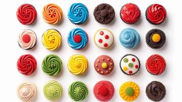 ai generiert Cupcakes, Vielfalt von bunt Cupcakes mit verrohrt Glasur und dekorativ Beläge, Hintergrund Bild, generativ ai foto