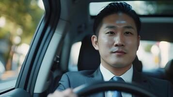 ai generiert Porträt von ein glücklich asiatisch Geschäftsmann Fahren ein Luxus Auto, generativ ai foto