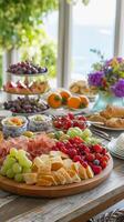 ai generiert Strand Brunch, ein Tischplatte Aussicht von ein köstlich Brunch Verbreitung beim ein Strand Cafe, Hintergrund Bild, generativ ai foto