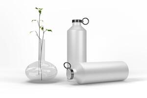 zwei Hand halten rostfrei Stahl Wasser Flasche Attrappe, Lehrmodell, Simulation mit Blume foto