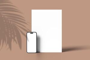 minimalistisch a4 Papier und Smartphone Attrappe, Lehrmodell, Simulation Beige Hintergrund foto