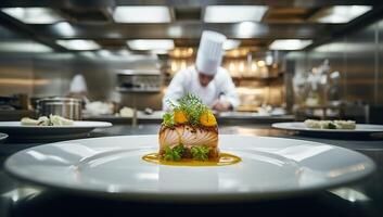 ai generiert Koch dekorieren Fisch Filet mit Orange Soße im Restaurant Küche foto