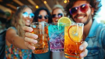 ai generiert Gruppe von freunde Trinken Cocktails beim ein Sommer- Party auf das Strand. foto