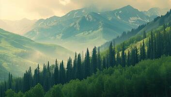ai generiert schön Berg Landschaft mit Nadelbaum Wald und hoch Spitzen. foto