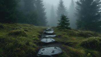 ai generiert neblig Wald Weg im Berge foto