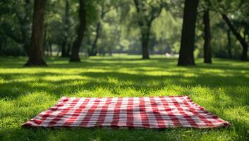 ai generiert kariert Picknick Decke auf üppig Park Gras foto