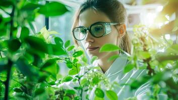 ai generiert jung Frau Wissenschaftler im Labor Mantel und Brille Arbeiten mit Pflanzen im Gewächshaus foto