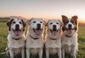 ai generiert ein Gruppe von glücklich Hunde mit ein Nahansicht von einer beim das Vorderseite ai generiert foto