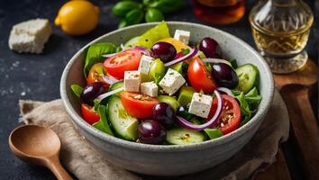 ai generiert köstlich griechisch Salat im ein Teller im das Küche foto