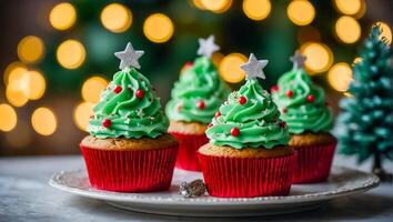 ai generiert köstlich Cupcakes mit Sahne auf das Tabelle foto