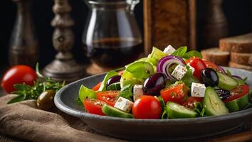 ai generiert köstlich griechisch Salat im ein Teller im das Küche foto