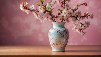 ai generiert schön Vase mit Kirsche Blüten Zweig, Dekoration foto