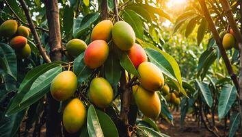 ai generiert reif Mangos auf ein Ast im das Garten foto