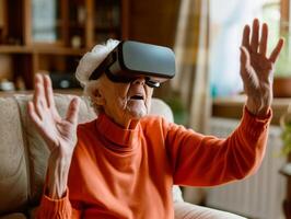 ai generiert online Bildung Senior Frau tragen vr Headset mit Leben Zimmer Hintergrund ai generativ foto