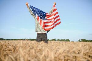 jung patriotisch Farmer steht unter Neu Ernte. Junge Gehen mit das amerikanisch Flagge auf das Weizen Feld feiern National Unabhängigkeit Tag. 4 .. von Juli Konzept. foto