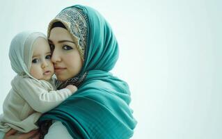 ai generiert Hijab Frau Tragen ihr Baby auf Weiß Hintergrund, Muslim Familie Momente Bild foto