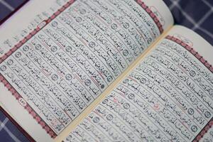 Koran, al Koran, islamisch Hintergrund zum eid al-fitr eid al-adha. öffnen Seite von al-Quran. islamisch Konzept foto