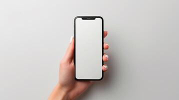 ai generiert Nahansicht Bild von ein Frau mit ihr Smartphone. Smartphone Weiß Bildschirm Attrappe, Lehrmodell, Simulation zum Anzeige Ihre Grafik Banner auf Weiß Hintergrund und Ausschnitt Pfad.generativ ai foto