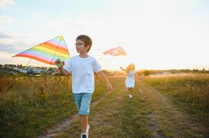 glücklich Kinder starten ein Drachen im das Feld beim Sonnenuntergang. wenig Junge und Mädchen auf Sommer- Urlaub. foto