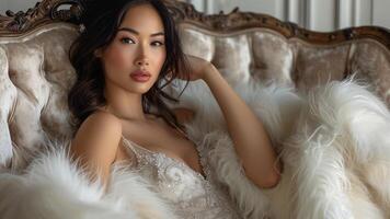 ai generiert Glanz luxuriös asiatisch Frau liegend im Pelz und Juwelen foto