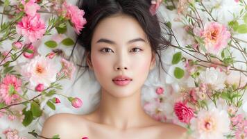 ai generiert strahlend Schönheit im blühen asiatisch Frau umgeben durch botanisch foto