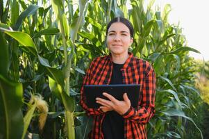 Clever Frau Farmer Agronom mit Digital Tablette zum Prüfung und inspizieren Qualität Steuerung von produzieren Mais Ernte. modern Technologien im Landwirtschaft Verwaltung und Landwirtschaft. foto