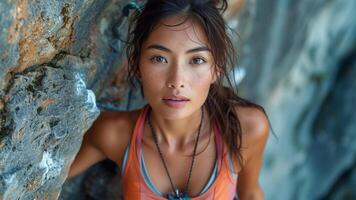 ai generiert asiatisch Frau Felsen Klettern Stärke und Fokus auf Cliff Gesicht foto