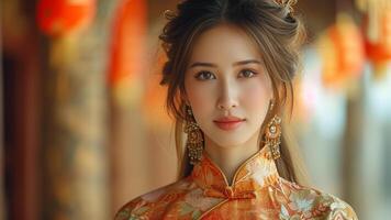 ai generiert elegant Verschmelzung asiatisch Frau im opulent traditionell Kleidung foto