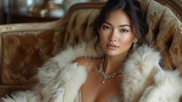 ai generiert Glanz luxuriös asiatisch Frau liegend im Pelz und Juwelen foto