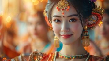 ai generiert asiatisch Schönheit traditionell tanzen inmitten uralt Pracht foto