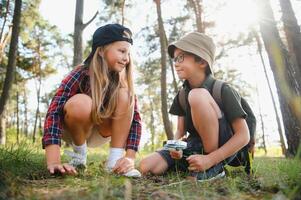 Kinder im Grün Wald Spielen, Konzept von Kinder Urlaube und Reise foto