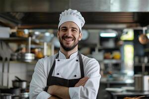 ai generiert Porträt von ein lächelnd männlich Koch Stehen mit Waffen gekreuzt im das Küche foto